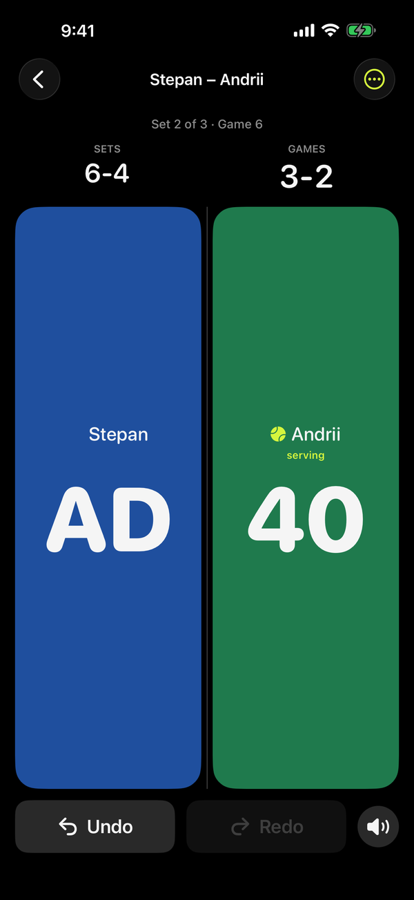 Deuce Tap on iPhone during a match: Stepan AD, Andrii 40